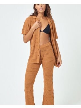 L*Space Marbella Camel Knit Cardigan Button Front Top In Mojave Tan